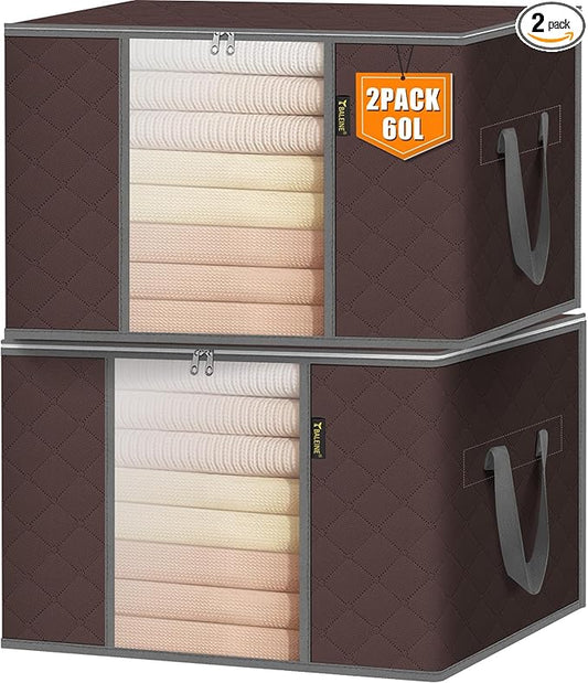 BALEINE 2 Pack Clothes Storage Bags, 16 Gallon Storage Containers with Reinforced Handle, Sturdy Zipper, Closet Organizer for Blanket, Comforter, Pillow, Bedding (Brown, 2 Pack)