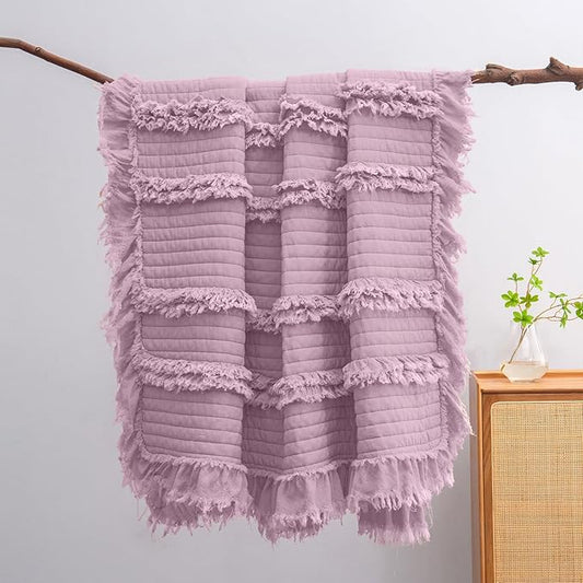 Ultra Soft Pre-Washed Warm Quilted Throw Blanket, Ruffle Fringed Purple Boho Decorative Throw, Stone Washed Chic Rustic Blanket for Sofa Couch Bed Chair, 50"x 60"