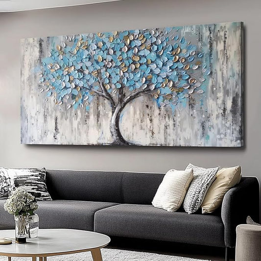 Blue Tree Canvas Wall Art - Modern Botanical Paintings for Living Room, Bedroom Wall Decor, Framed Wall Art for Home or Office Decoration, Large Wall Art 50x100cm(20x40in)