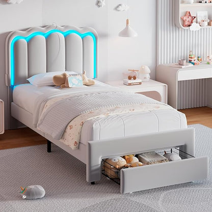 Velvet Upholstered Twin LED Bed Frame with Storage Drawer and Adjustable Double Wavy Headboard, Princess Platform Bed for Kids/Girls/Boys, Solid Wood Slats Support,No Box Spring Needed,Grey