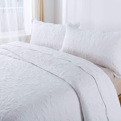 HoneiLife Oversized Queen Bedspreads 110x106- Queen Size Quilt Bedding Sets 3-Piece, Paisley Coverlets Lightweight Bedlinen Set for All Season Use-White