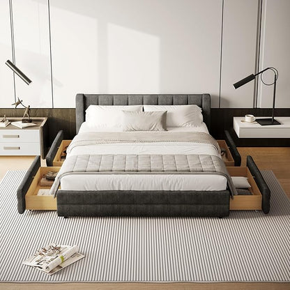 DEINPPA Queen Size Bed Frame with 4 Storage Drawers and Cloud Soft Headboard, Chenille Upholstered Grounded Wood Base Bed Frame, No Box Spring Needed-Dark Grey