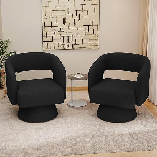 Swivel Accent Chair Set of 2, Modern Comfy Teddy Barrel Chairs, Oversized Upholstered Round Arm Chair for Living Room, Bedroom, Reading Room, Black