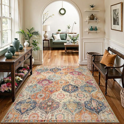 Lahome Moroccan Machine Washable Rugs for Living Room, 4x6 Rug for Bedroom Non-Slip Vintage Trellis Ultra-Thin Throw Carpet for Dining Room Office Nursery, Cream/Multi