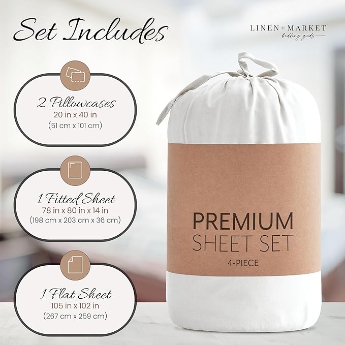 Linen Market Brushed Microfiber King Sheet Set 4 Piece – Oeko-TEX Certified Ultra Soft & Wrinkle-Free - 16" Deep Pocket Sheets - Easy Care King Size - White