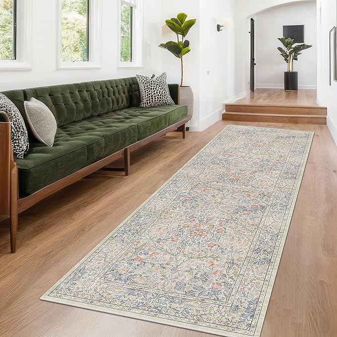 Vintage Beige Blue 3x10 Runner Rug for Hallway, Kitchen, Bathroom, Entryway Indoor, Washable Non Slip Rubber Backing Stain Resistant - Botanical Home Decor