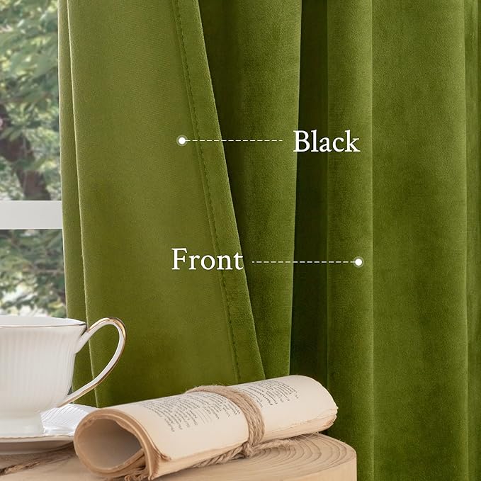 LAMIT Moss Green Velvet Blackout Curtains 72 Inch, Vintage Thermal Insulated Room Darkening Drapes for Living Room Back Tab and Rod Pocket Privacy Window Panels for Bedroom, 2 Panels, 52 x 72 Inch