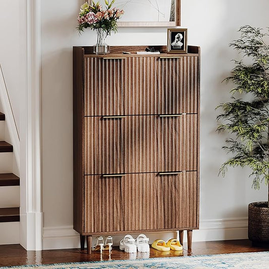 VINGLI Fluted Shoe Storage Cabinet for Entryway with 3 Flip Drawers, Narrow Shoe Organizer with Fluted Panel, Freestanding Wood Hidden Shoe Cabinet for Foyer, Hallway (Dark Walnut, 3 Flip Drawers)
