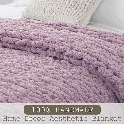 Chunky Knit Throw Blanket 60"X 80", 100% Handmade with Soft Chenille Yarn, 4.4lbs Thick Cable Knitted Blankets, Large Rope Knot Crochet Throws for Couch Sofa Bed Home Decor, Purple