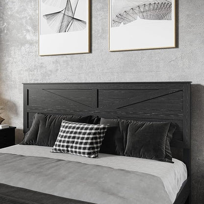 King Size Bed Frame with Farmhouse Headboard, Rustic Boho Wooden Bedframe with LED Lights and Charging Station, Easy Assembly, No Box Spring Needed (Black, King)