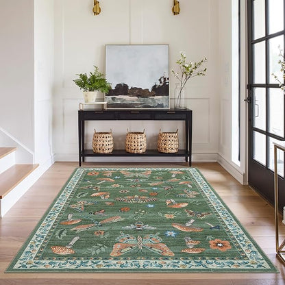 Mushroom Washable Rug 5x7 Area Rugs for Living Room, Insect Print for Bedroom, Non Slip Throw Rugs with Rubber Back, Soft Low Pile Dining Room Carpet for Under Table, Green