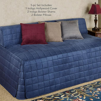 Camden Luxury Bedding | Warm Indigo Color | Fitted Hollywood Daybed Bedding | Faux Suede Box Quilted Design | 5 Piece Set Includes Hollywood Cover, 2 Bolster Shams, and 2 Bolster Pillows