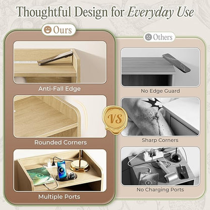 Huuger Nightstand with Charging Station, USB-C Port, Fluted Night Stand with Drawer, Bed Side Table with Solid Wood Feet, Open Storage, End Table with Raised Edge, for Bedroom, Natural