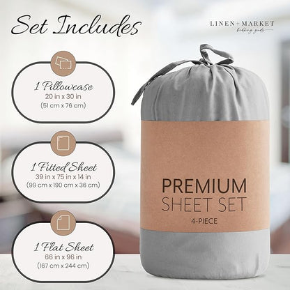 Linen Market Brushed Microfiber Twin XL Sheet Set 3 Piece – Oeko-TEX Certified Ultra Soft & Wrinkle-Free - 16" Deep Pocket Sheets - Easy Care Twin XL Size - Light Gray