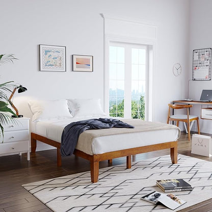 Giantex 14 Inch Queen Wood Platform Bed Frame, Minimalist Style Mattress Foundation with Solid Rubber Wood, Heavy Duty Slat Support, Without Headboard, Easy Assembly, No Box Spring Needed, Walnut