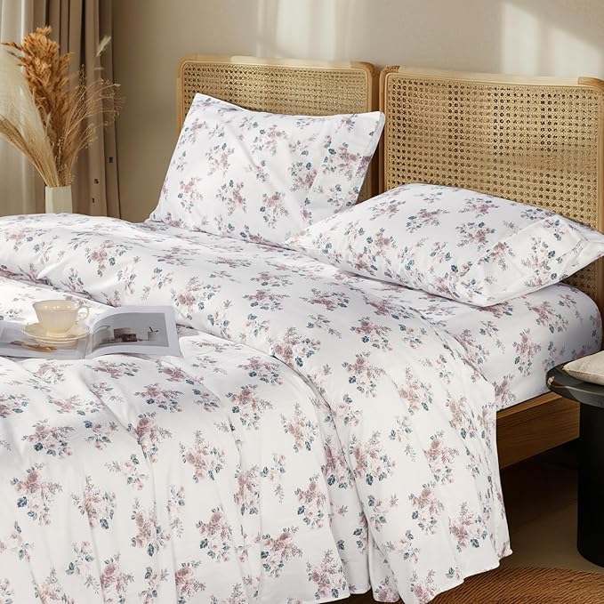 LBRO2M 1000 Thread Count Sheets 100% Egyptian Cotton Bedding Set Floral Queen Size Sheets 16 Inches Deep Pocket Bedding 4 Piece Sets (Queen, Rose)