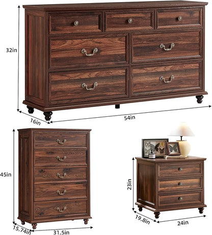 24" Wide Farmhouse Nightstand Set of 2, 54" 7 Drawers Dresser, 45" Tall Rustic Chests of 5 Drawers w/ 4 Solid Wood Feet, Farmhouse Furniture Series for Living Room,Bedroom,Brown