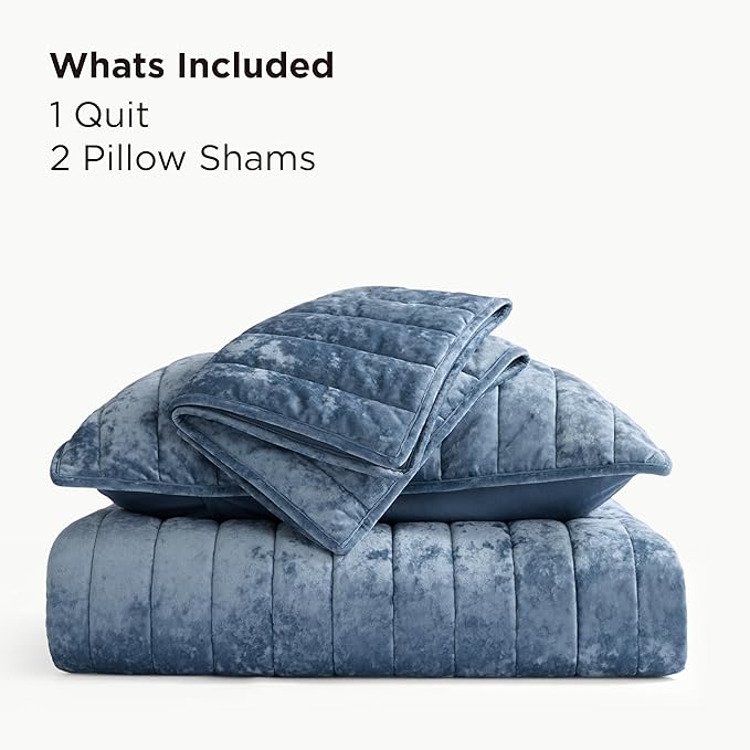 Bedsure Velvet Quilt Queen Size Set - Lightweight Velvet Comforter Queen, Luxury Bedspread Coverlet, Ultra-Soft Winter Bedding Set with 2 Pillow Shams, 90"x96", Blue