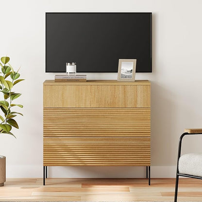 WAMPAT 31.5" W Fluted Dresser for Bedroom, Modern 3 Drawer Dresser TV Stand with Hidden Handles, Wooden Chest of Drawers Closet Clothes Storage Organizer for Bedroom, Living Room, Oak
