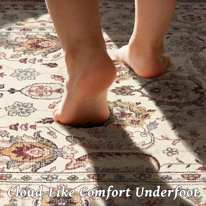 Washable 6x9 Area Rugs for Living Room, Boho Non-Slip Vintage Distress Large Rugs for Bedroom Dining Room Nursery Office, 0.3" Neutral Oriental Throw Thin Carpet, Beige/Rust/Green/Multi