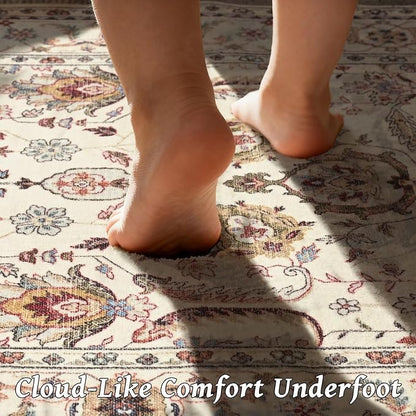 Washable 6x9 Area Rugs for Living Room, Boho Non-Slip Vintage Distress Large Rugs for Bedroom Dining Room Nursery Office, 0.3" Neutral Oriental Throw Thin Carpet, Beige/Rust/Green/Multi