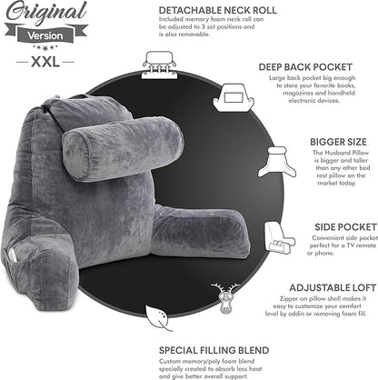 Husband Pillow XXL - Reading Pillow Bed Chair with Arms & Back Support - Dark Grey - Back Pillow for Sitting Up - Bed Rest Arm Pillow - Comfy Reading Pillow for Adults