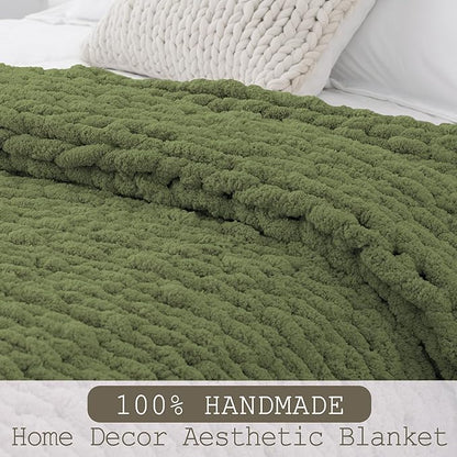 Chunky Knit Throw Blanket 60"X 80", 100% Handmade with Soft Chenille Yarn, 6.7lbs Thick Cable Knitted Blankets, Large Rope Knot Crochet Throws for Couch Sofa Bed Home Decor, Olive Green