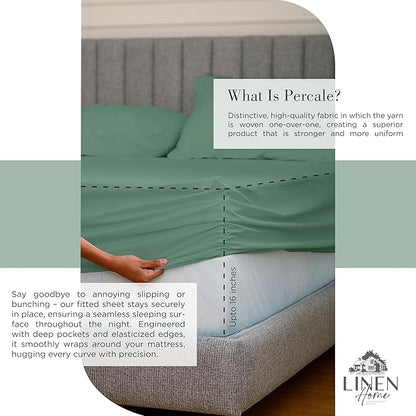 Linen Home 100% Cotton Percale Sheets Twin XL Size, Frosty Green, Deep Pocket, 3 Pieces Set - 1 Flat, 1 Deep Pocket Fitted Sheet and 1 Pillowcase, Crisp Cool and Strong Bed Linen