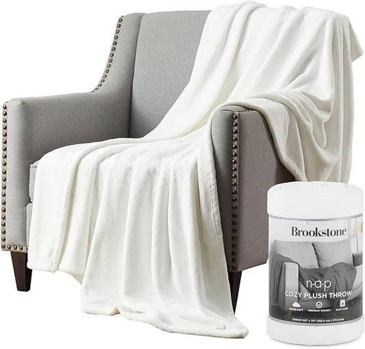 Brookstone Nap Plush Throw Blanket for Couch | Warm & Super Soft Blanket with Unmatched Heavy, Dense, and Ultra-Comfy Throw | Luxurious Drape, Cozying Up on a Sofa, Chair | White