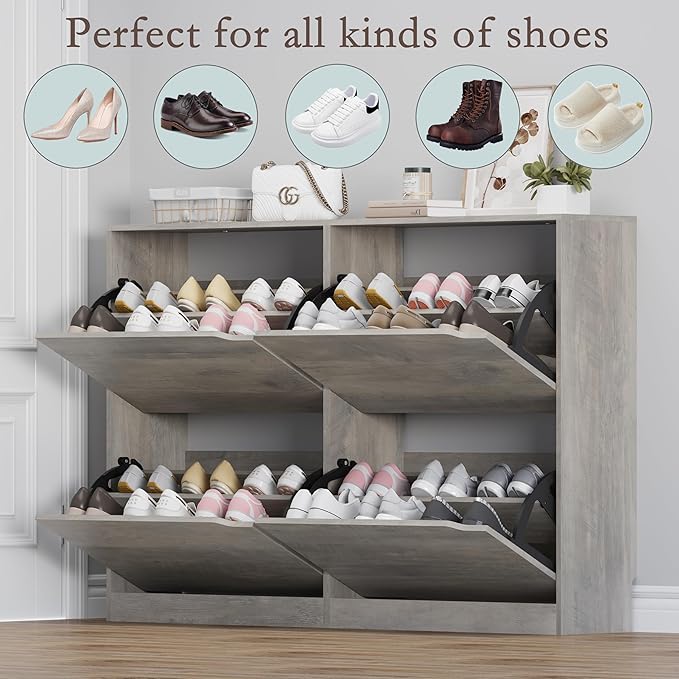Shoe Cabinet with 4 Flip Drawers, Narrow Hidden Shoe Storage Cabinet, Slim Freestanding Shoe Rack Organizer for Entryway, Hallway, Bedroom, Living Room