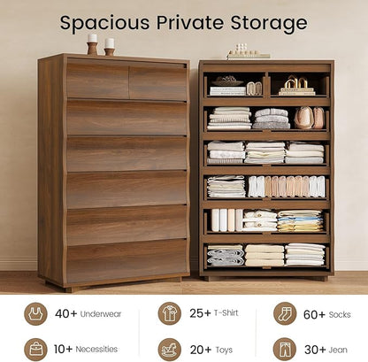 Tall Dresser for Bedroom, 52.8" Tall Dresser with 7 Drawers, Wood Dressers & Chests of Drawers, Accent Upright Drawer Organizers for Closet, Hallway