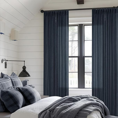 Navy Blue Pleated Linen Curtains 96 Inches Long for Living Room 2 Panel Set Semi Sheer Light Filtering Pinch Pleat with Rings Hooks Drapes Boho Farmhouse Dark Blue Indigo Curtain Bedroom Window