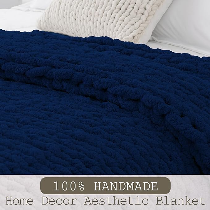 Chunky Knit Throw Blanket 50"X 60", 100% Handmade with Soft Chenille Yarn, 4.4lbs Thick Cable Knitted Blankets, Large Rope Knot Crochet Throws for Couch Sofa Bed Home Decor, Navy Blue