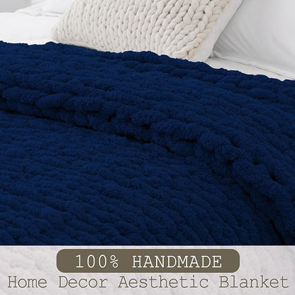 Chunky Knit Throw Blanket 50"X 60", 100% Handmade with Soft Chenille Yarn, 4.4lbs Thick Cable Knitted Blankets, Large Rope Knot Crochet Throws for Couch Sofa Bed Home Decor, Navy Blue