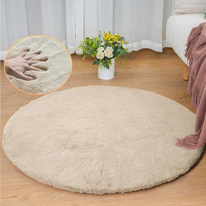 Camel Washable Shag Area Rugs for Living Room Small Plush Faux Bunny Shaggy Fur Round Rugs 4ft Cute Room Nursery Rug