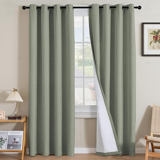 H.VERSAILTEX Linen Curtains 100% Blackout Curtains for Bedroom 102 inch Long Full Light Blocking Nature Linen Blended Window Curtains for Living Room Nickel Grommet (2 Panels, Heathered Dried Sage)