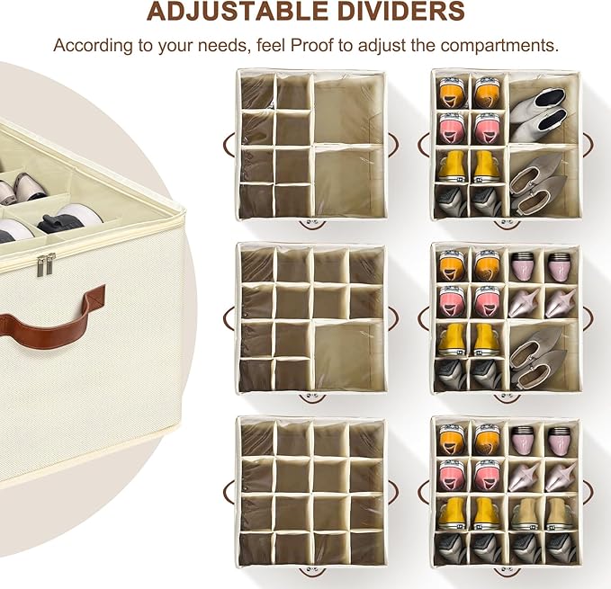Shoe Organizer for Closet, Foldable Shoe Storage Box with Clear Top Lid, 3 Leather Handles, Adjustable Dividers, Fits 8-16 Pairs, Stackable Shoe Bin for Bedroom (Beige, 1 PCS/16.9*11.8*1.57 inch)