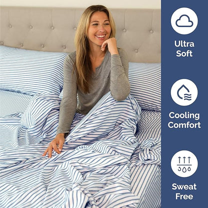 Twin Size 3 Piece Sheet Set - Comfy Breathable & Cooling Bed Sheets Set - Hotel Luxury Bedding for Women, Men, Kids, Teens, Boys & Girls - Deep Pockets, Soft, Wrinkle Free - Oeko-Tex - Blue Stripes 2