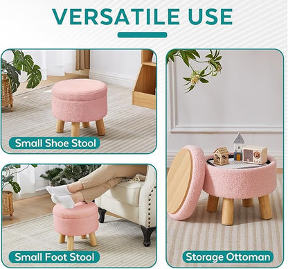 FIMIVIBI Small Foot Stool Ottoman with Storage, Sherpa Ottoman Foot Rest for Couch, Round Footstool with Storage, Small Ottomans and Footstools for Living Room and Entryway (Pink)