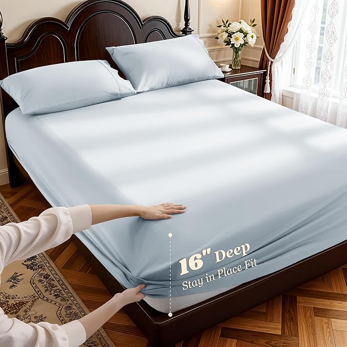 LBRO2M 1000 Thread Count 100% Egyptian Cotton Sheets Set California King Size, 4 Piece Sets Bed Sheet Deep Pocket Sheet Set 16" Soft Comfortable All Season (California King, Ice Blue)