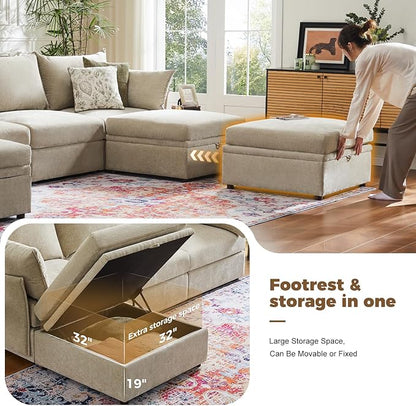 ABCASA 134.6" Oversized Modular Sectional Sofa, 6 Seater U Shaped Couch with Storage Ottoman with Reversible Chaise Deep Seat for Living Room, Apartment - Chenille Beige