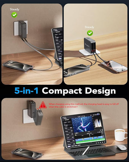 65W for MacBook Pro Charger,5-in-1 Retractable Wall Charger Plug for iPhone 17, Dual 3.94 ft PD USB C Cable&3 Ports, Fast Charging Block for Mac Book Pro/Air, M1 M2 M3 M4, iPad Pro,Galaxy,Pixel