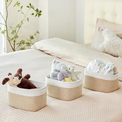 Small Cotton Rope Basket – Storage Bin for Organizing (10.6" x 6.7" x 6.7"), Bathroom Storage Basket for Shelf, Counter & Closet（White & Mixed Camel）
