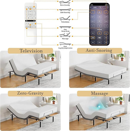 Queen All-in-One Adjustable Bed Frame with Upholstered Wingback Headboard, Head and Foot Incline, Zero Gravity, Massage, App and Wireless Remote, No-Noise, Minimalist, Textured Ivory Canvas