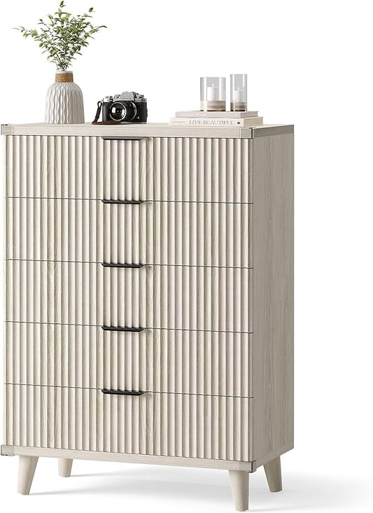 Lulive Dresser for Bedroom Wood Tall Dressers Drawers, Fluted Modern Dresser 5 Drawers (White Oak)