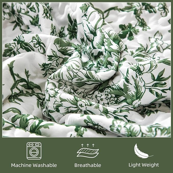 WONGS BEDDING Quilt Queen Size, Green Quilt Bedding Set with 2 Pillowcases, Botanical Quilts for Queen Bed, Soft Microfiber Lightweight Coverlet Bedspread for All Season (96"×90", 3 Pieces)