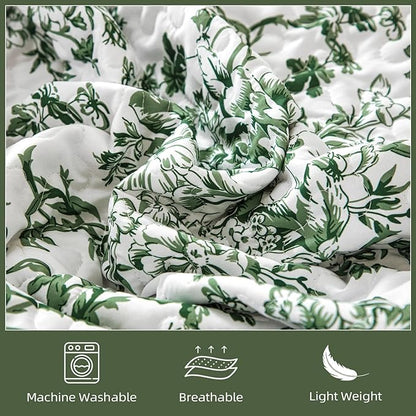 WONGS BEDDING Quilt King Size, Green Quilt Bedding Set with 2 Pillowcases, Botanical Quilt for King Bed, Soft Microfiber Lightweight Coverlet Bedspread for All Season (110"×90", 3 Pieces)