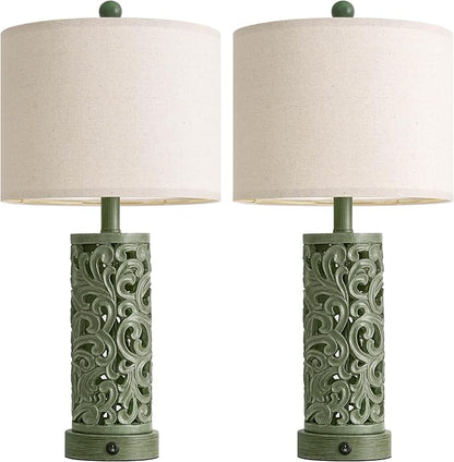OYEARS 22'' Table Lamp Set of 2 for Living Room, Farmhouse Lamp for Bedroom, Vintage Bedside Lamps with Retro Design and USB Ports, Linen Shade for Home Office (Bulb Included, Green)
