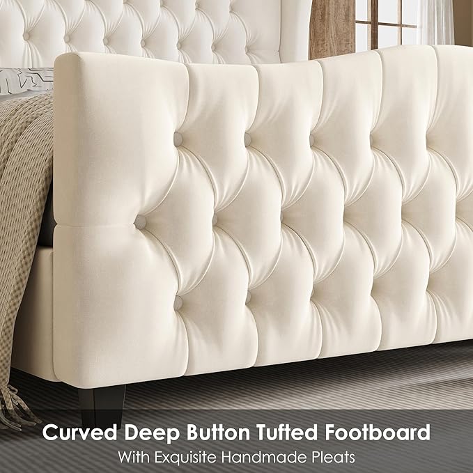Keyluv King Size 54.3” Tall Platform Bed Frame with Deep Button Tufted Wingback Headboard and Footboard, Velvet Upholstered Bed Frame with Handmade Pleats, No Box Spring Needed, Beige/Cream