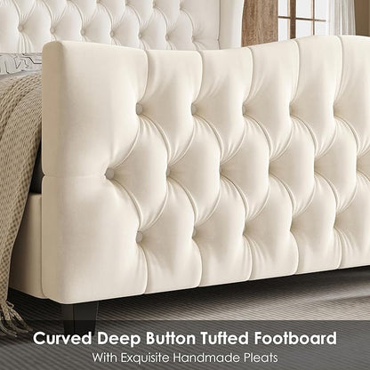 Keyluv Full Size 54.3” Tall Platform Bed Frame with Deep Button Tufted Wingback Headboard and Footboard, Velvet Upholstered Bed Frame with Handmade Pleats, No Box Spring Needed, Beige/Cream